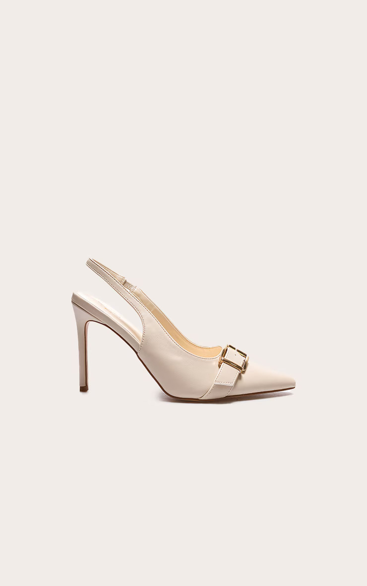 Cream PU Wide Fit Buckle Detail Stiletto High Heel Sling Back Court Heels | PrettyLittleThing US
