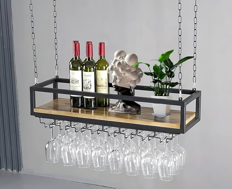 Ceiling Wine Glass Rack - 39in Hanging Wine Rack with Glass Holder and Shelf, Industrial Hanging ... | Amazon (US)