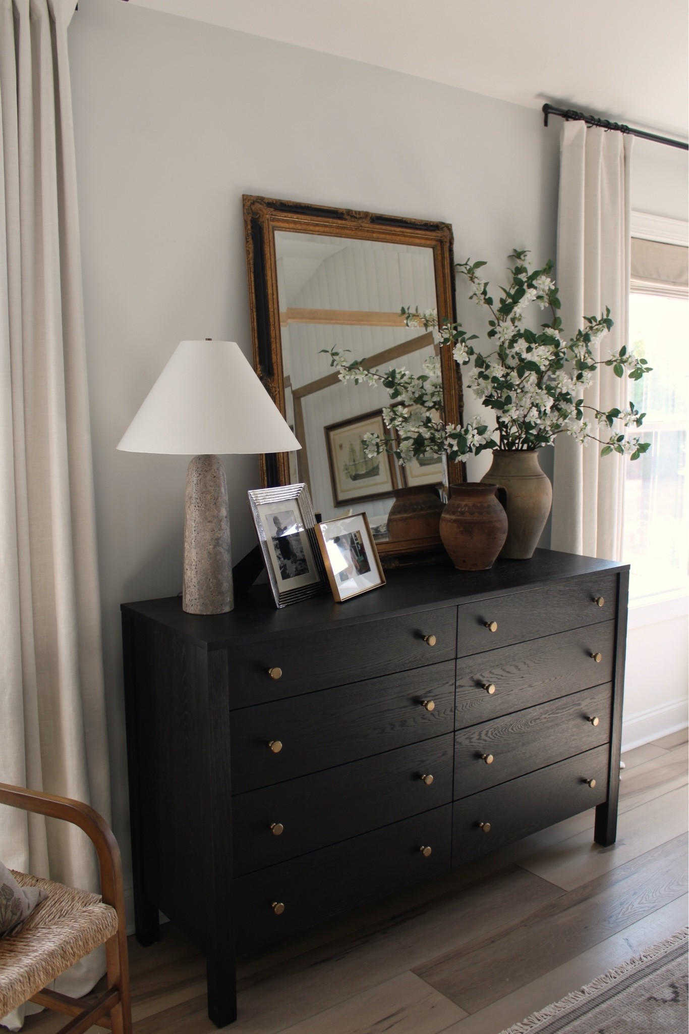 Bedroom inspo, faux stems, black dresser, PotteryBarn clearance