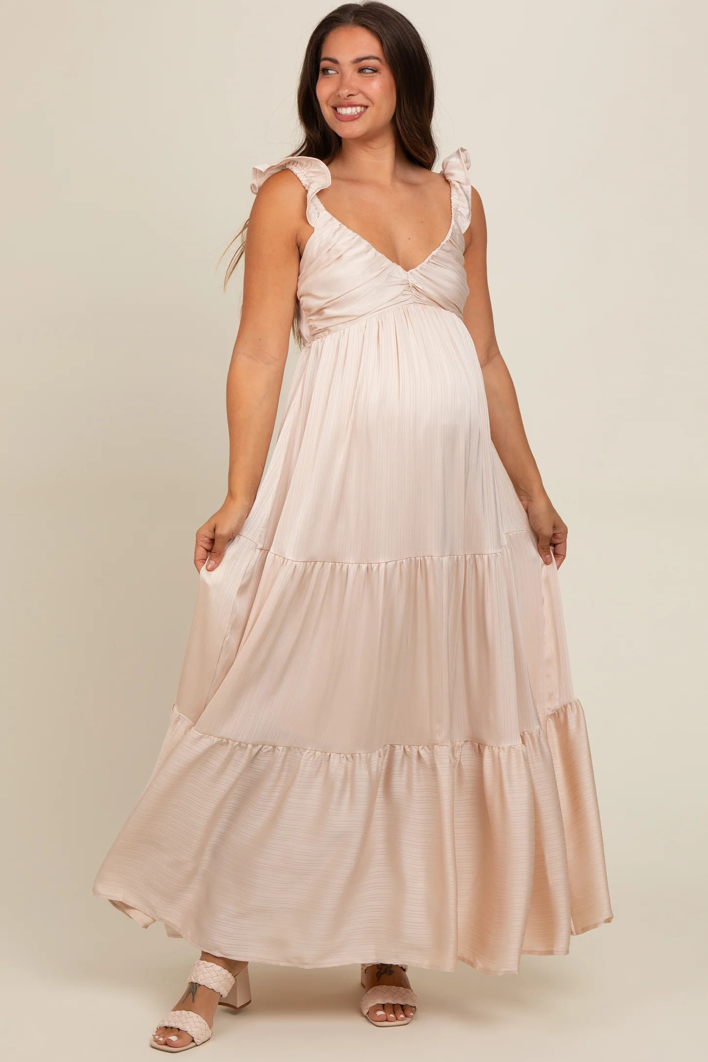 Cream Satin Ruffle Strap Tiered Maternity Maxi Dress | PinkBlush Maternity