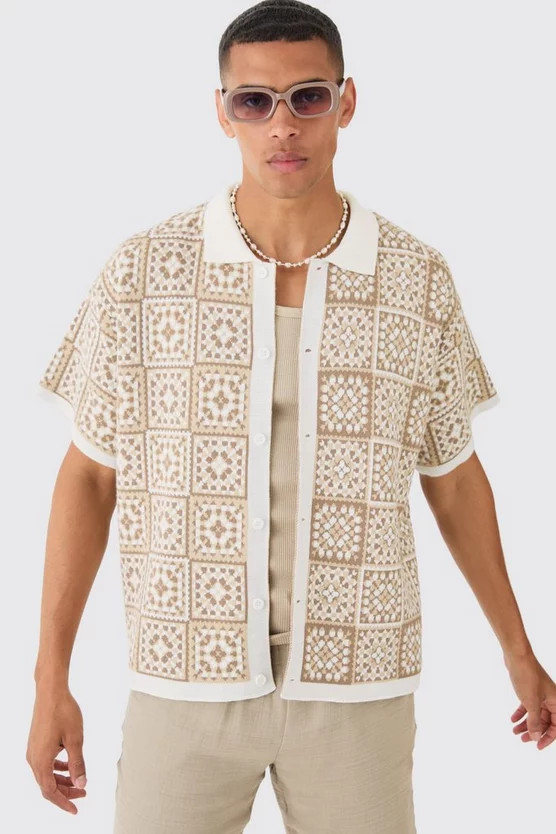 Oversized Boxy Crochet Knitted Shirt | boohooMAN (US & Canada)