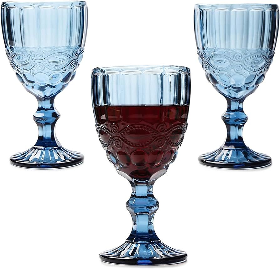 Taganov Blue Glasses Drinking Vintage Wine Glasses set of 3 Colored Glassware Water Goblets 10 oz... | Amazon (US)