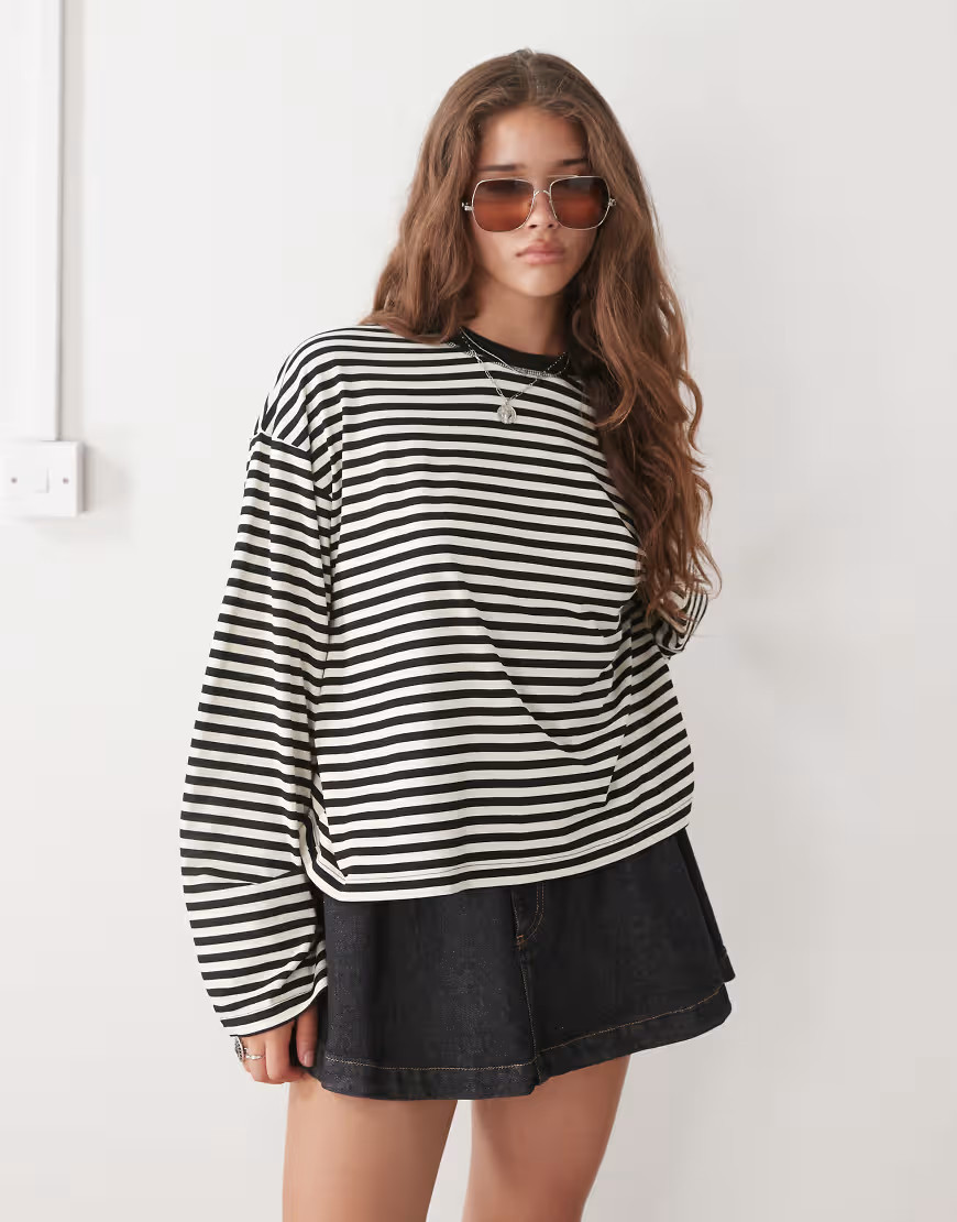 Lioness Bloom cotton long sleeve crew neck boxy T-shirt in black & white stripe-Multi | ASOS (Global)