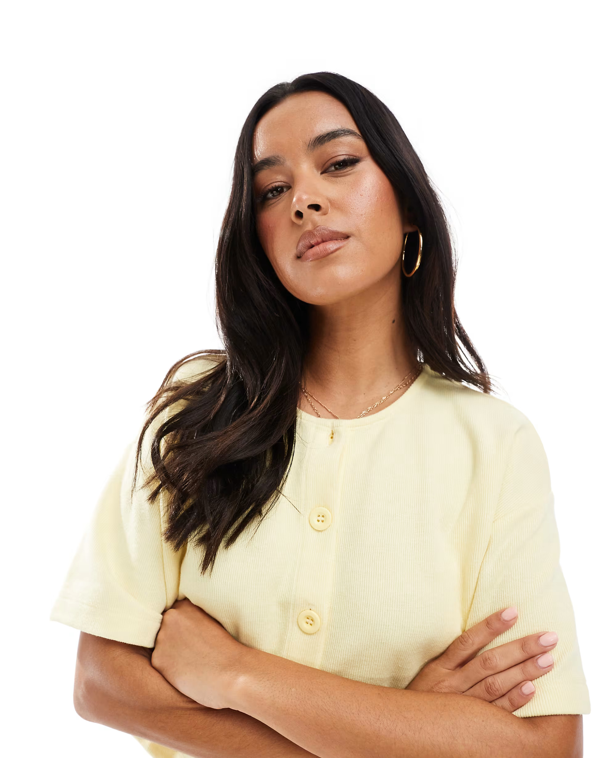 Miss Selfridge ribbed button up short sleeve cardigan co ord in butter yellow | ASOS | ASOS (Global)