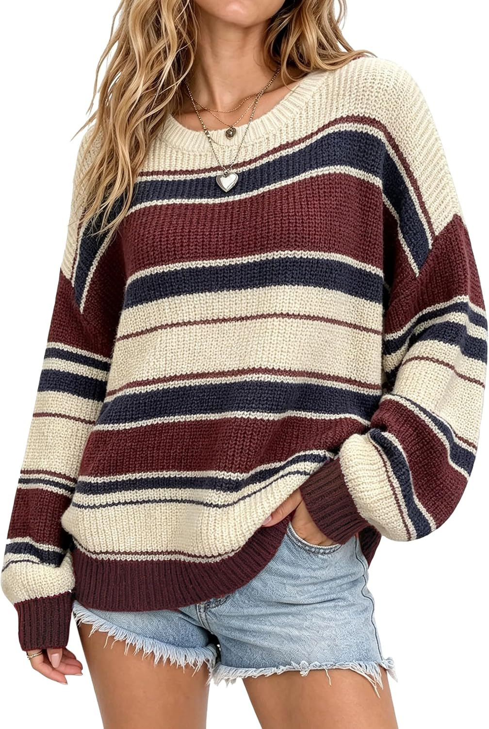 CHARTOU Women Color Block Sweater Preppy Style Chunky Knit Striped Pullover Sweater | Amazon (US)