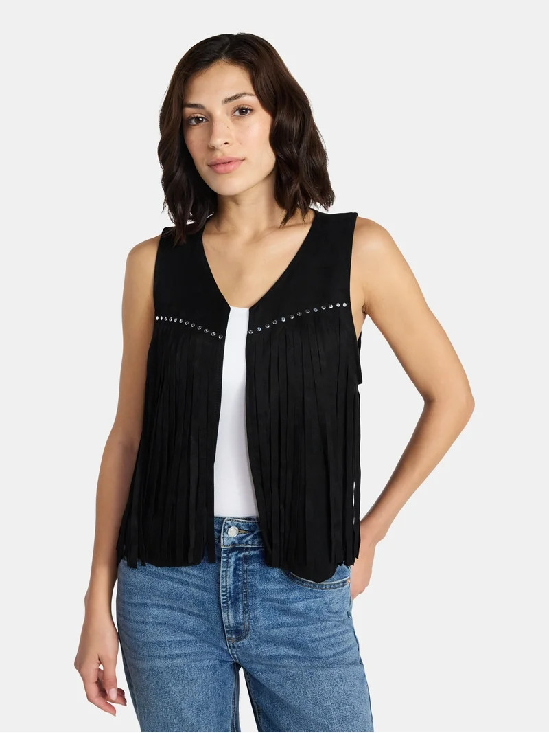 Madden NYC Women's Black Faux Suede Fringe Studded Vest, Sizes S-XL | Walmart (US)