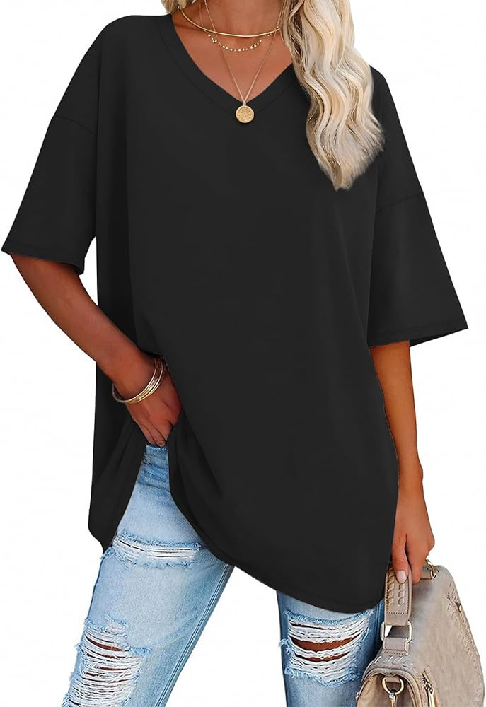 ATHMILE Womens Summer Oversized Shirts V Neck Plus Size Spring Workout Tops Beach Vacation 2025 G... | Amazon (US)