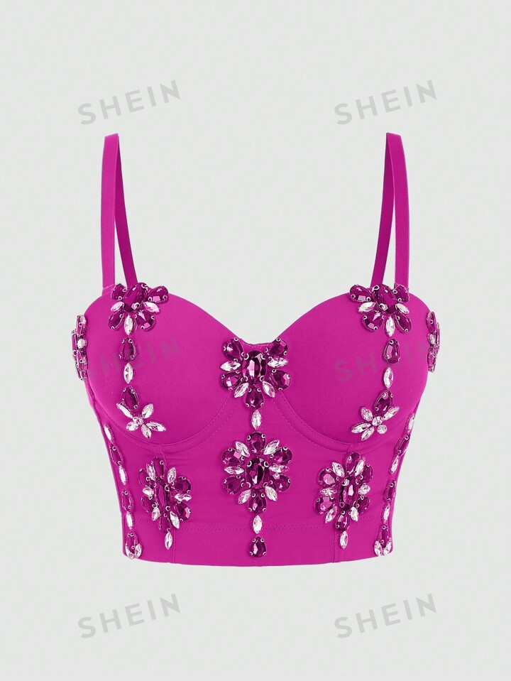 SHEIN ICON Women Rhinestone Decoration Slim Fit Crop Top With Spaghetti Strap For Summer | SHEIN ... | SHEIN
