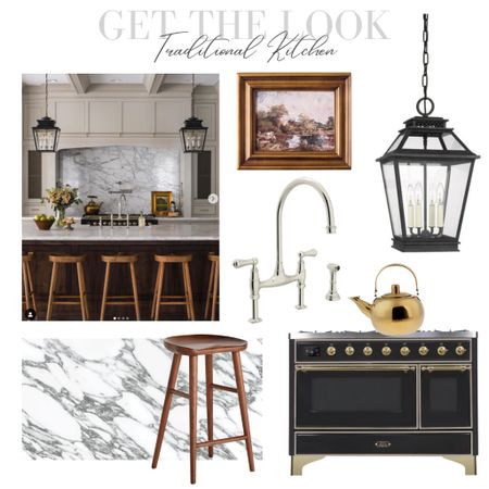 Get the look, vintage traditional kitchen with black and gold range, black lantern, bridge, kitchen faucet, gold frame, landscape, wood counter, stools, arabescato tile

#LTKstyletip #LTKsalealert #LTKhome