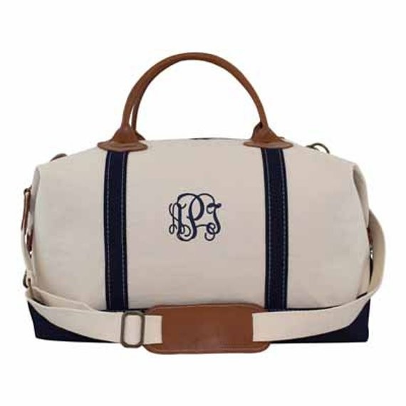 Canvas Weekender Zip Top Shoulder Bag with Monogram {Navy} | Etsy (US)