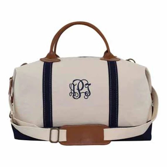 Canvas Weekender Zip Top Shoulder Bag with Monogram {Navy} | Etsy (US)