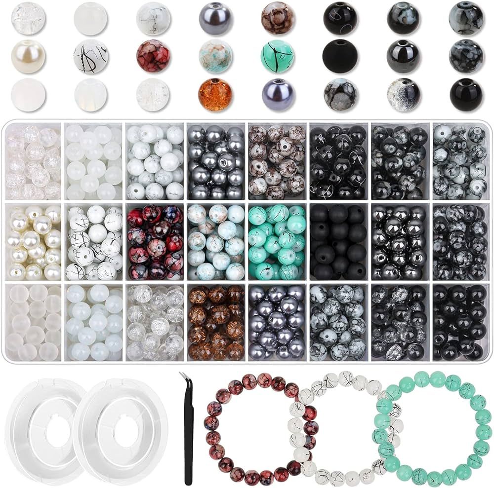 PAXCOO 840pcs 8mm Glass Beads for Jewelry Making, 24 Colors Glass Beads for Bracelet Making, Marb... | Amazon (US)