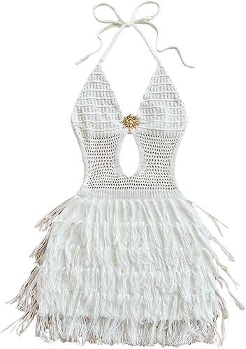 WDIRARA Women's Hollow Out Layered Fringe Tassel Halter Dress Boho Tie Backless Cut Out Mini Dres... | Amazon (US)
