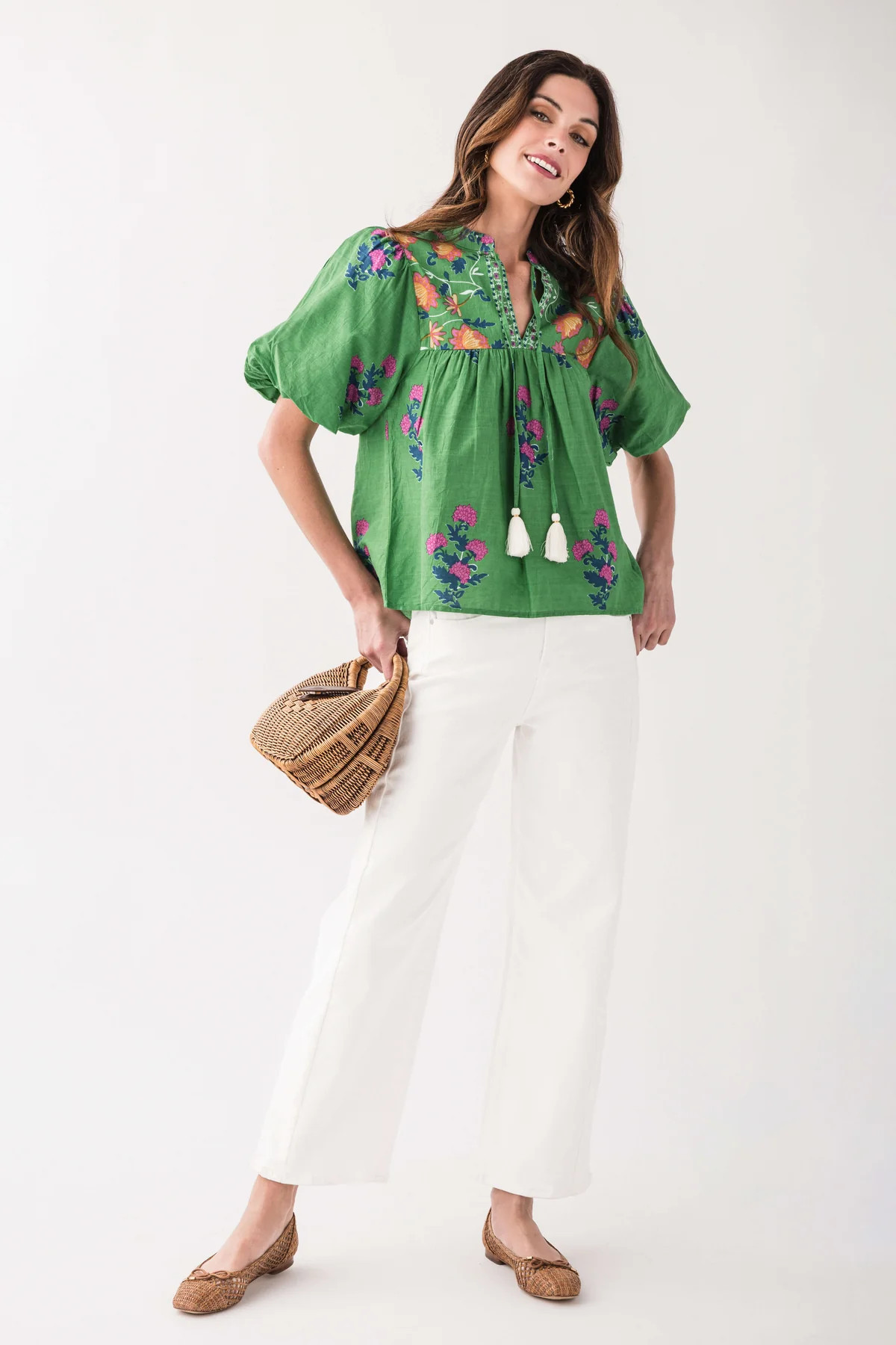 THML Puff Sleeve Tassel Tie Flower Top | Social Threads