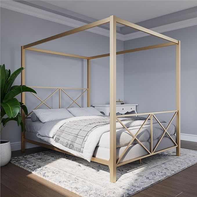 DHP Rosedale Metal 4 Poster Canopy Bed with Crisscross Headboard and Footboard - Full (Gold) | Amazon (US)