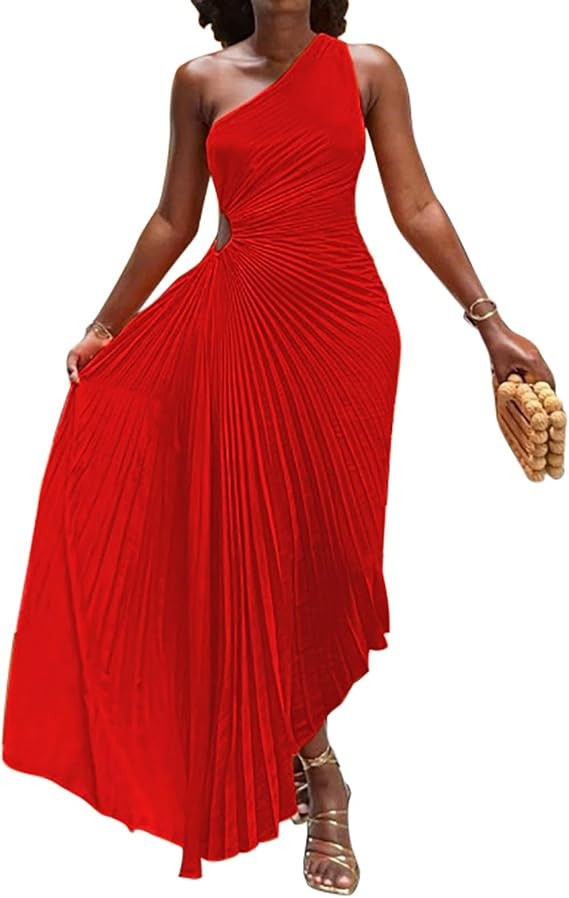 Yuopeid Women's Sexy One Shoulder Sleeveless Fashion Pleated Irregular Cocktail Club Party Long D... | Amazon (US)