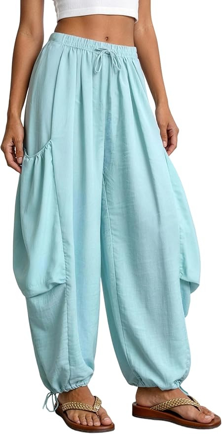 Beach Pants for Women with Drawstring Boho Baggy Palazzo Versatile Gauze Harem Pant with Pockets ... | Amazon (US)
