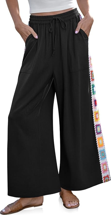 TARSE Womens Wide Leg Linen Pants Summer Casual Drawstring Loose Lounge Palazzo Crochet Panel Pan... | Amazon (US)