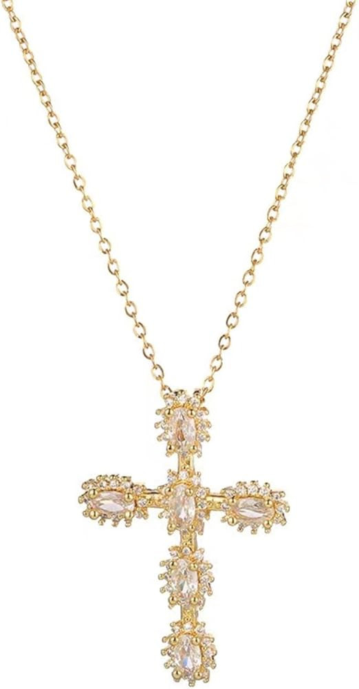 Gold Cross Necklace for Women - Handmade CZ Dainty Faith Pendant Necklace, 18K Plated Hypoallerge... | Amazon (US)