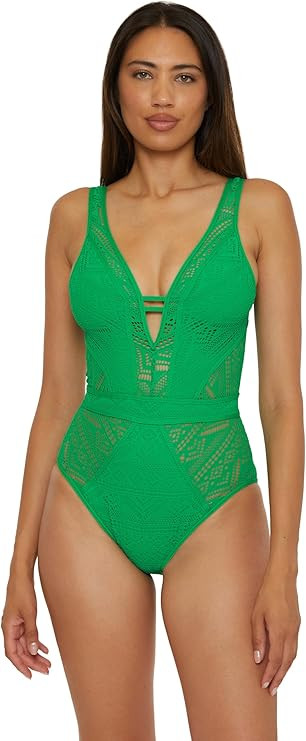 BECCA Women's Standard Color Play One Piece Swimsuit, Plunge Neck, Crochet, Bathing Suits, Emeral... | Amazon (US)