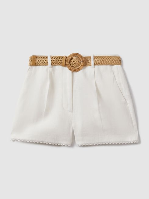 Reiss White Belle Linen Belted Shorts | Reiss UK