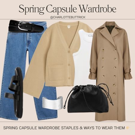 Spring capsule wardrobe 2024 outfit - beige cardigan - trench coat - black sandals - blue wide leg jeans - basics tank top - silver cuff bracelet 

#LTKSeasonal #LTKstyletip #LTKshoecrush