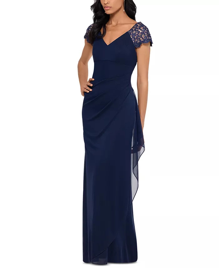 XSCAPE Petite Lace-Shoulder Gown - Macy's | Macy's