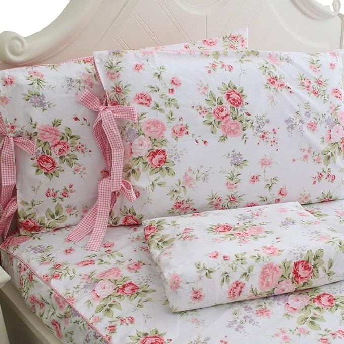 FADFAY Cotton Bed Sheets Set Shabby Rose Floral Print Sheet Bedding 4-Piece Twin Extra Long Size | Amazon (US)