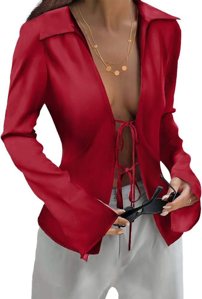 Womens Tie Front Satin Silk Blouse Sexy Deep V Neck Long Sleeve Open Front Club Tops Y2k Going Ou... | Amazon (US)