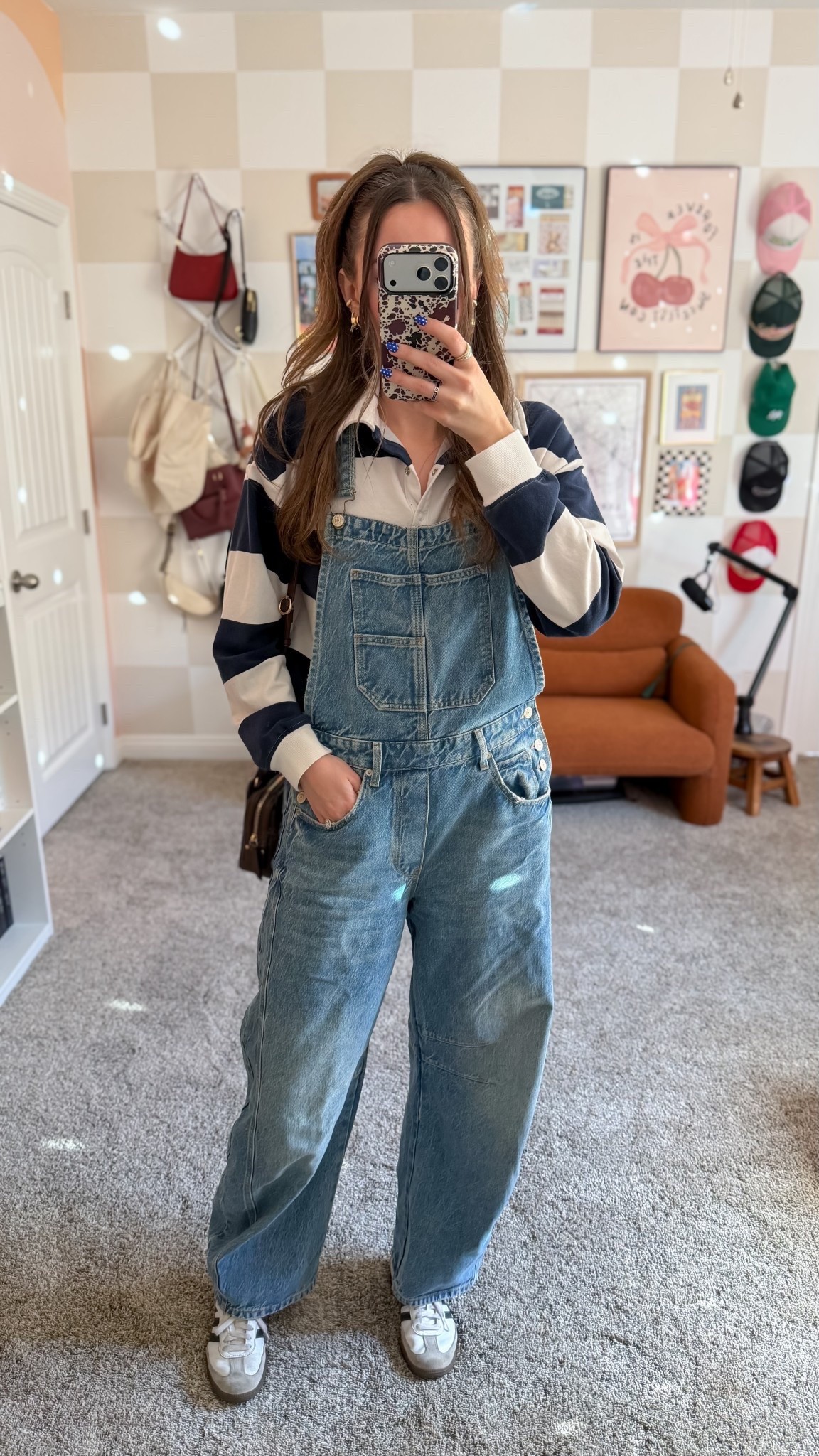 Casual mom outfit! Size medium navy striped rugby shirt, small tall overalls, 6.5 samba shoe (size down a half size!!)￼

#LTKmomlife #LTKTall #LTKootd