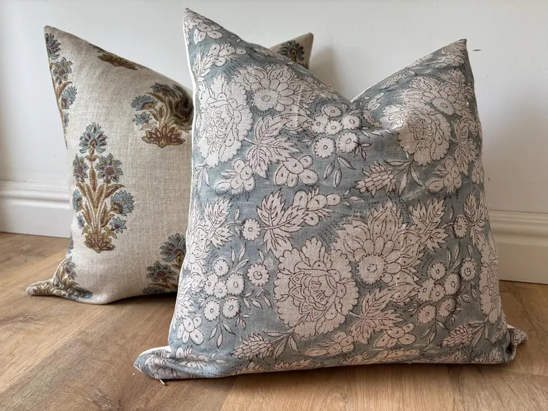 Authentic Boho Floral Indian Hand Block Stamped Linen Print Pillow Cover Blue Gold Amber Brown Na... | Etsy (Global)