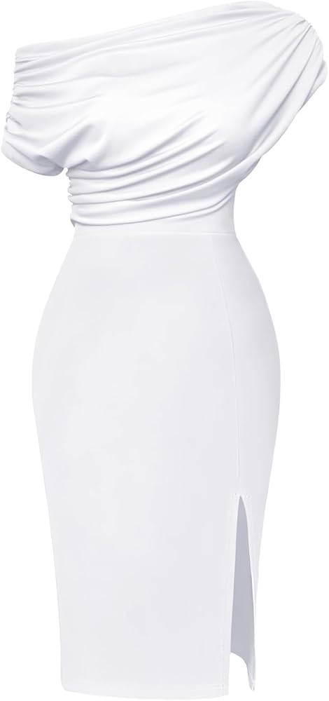 Memoriesea Women's Elegant Off Shoulder Split Hem Bodycon Ruched Midi Club Party Dress | Amazon (US)