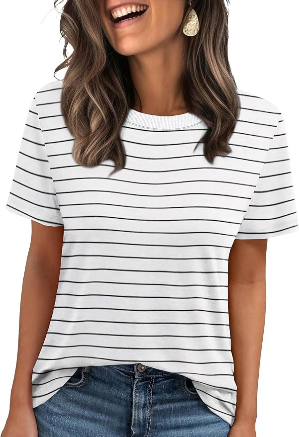 Jescakoo Womens Tops Summer Short Sleeve Ribbed Trim Crewneck T Shirts Spring Vacation Outfits Fa... | Amazon (US)