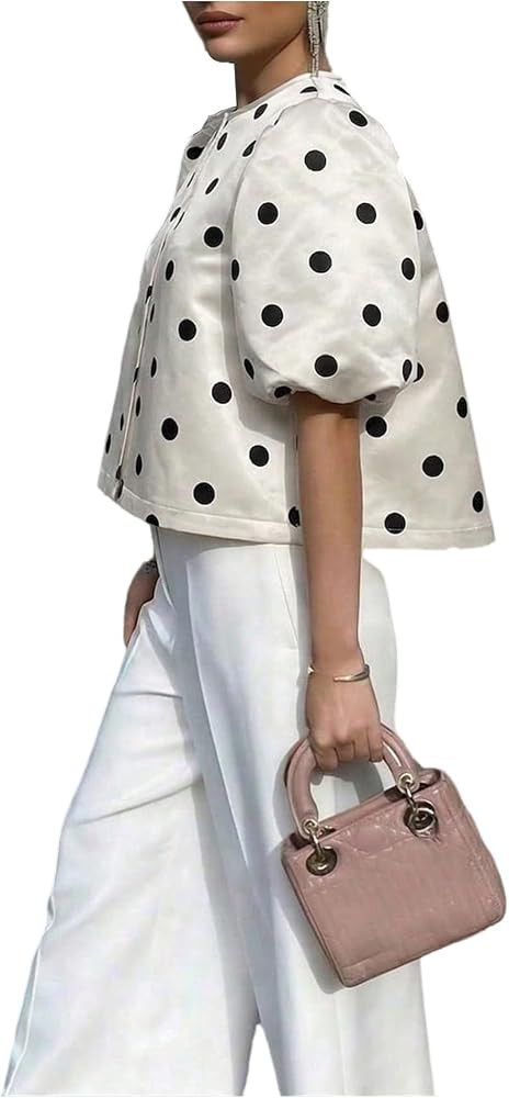 MakeMeChic Women's Polka Dots Satin Blouses Puff Sleeve Crewneck Crop Tops | Amazon (US)