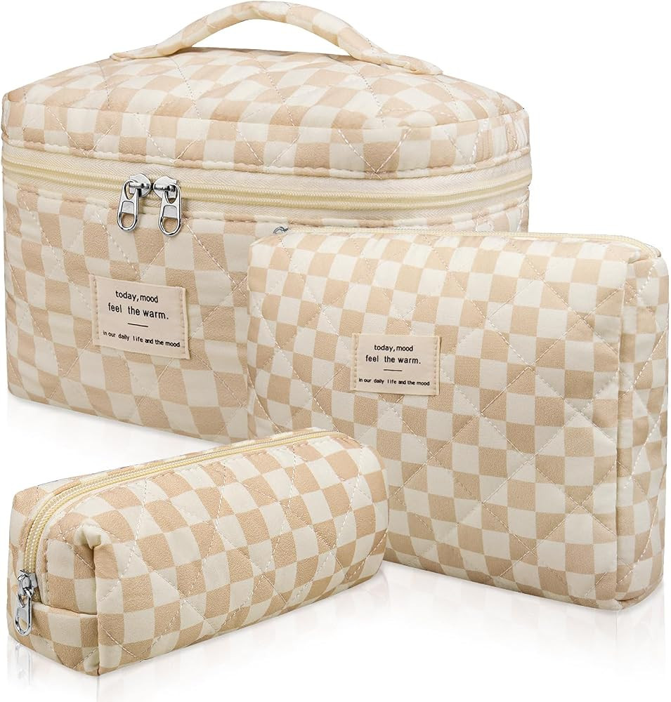 3pc Makeup Bag Set, Quilted Makeup Bag Set, Large Floral Cosmetic Bag for Women, Cute Cotton Make... | Amazon (US)