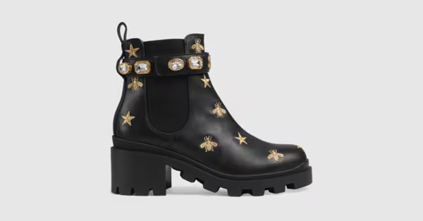 Embroidered leather ankle boot with belt | Gucci (US)