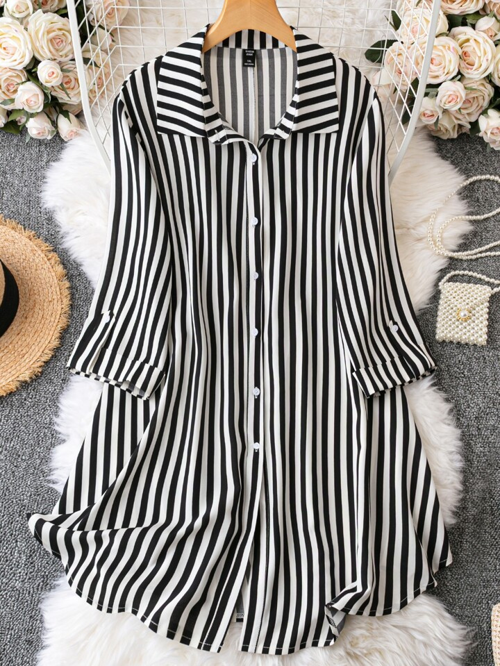 SHEIN Frenchy Plus Striped Print Button Front Shirt Dress | SHEIN
