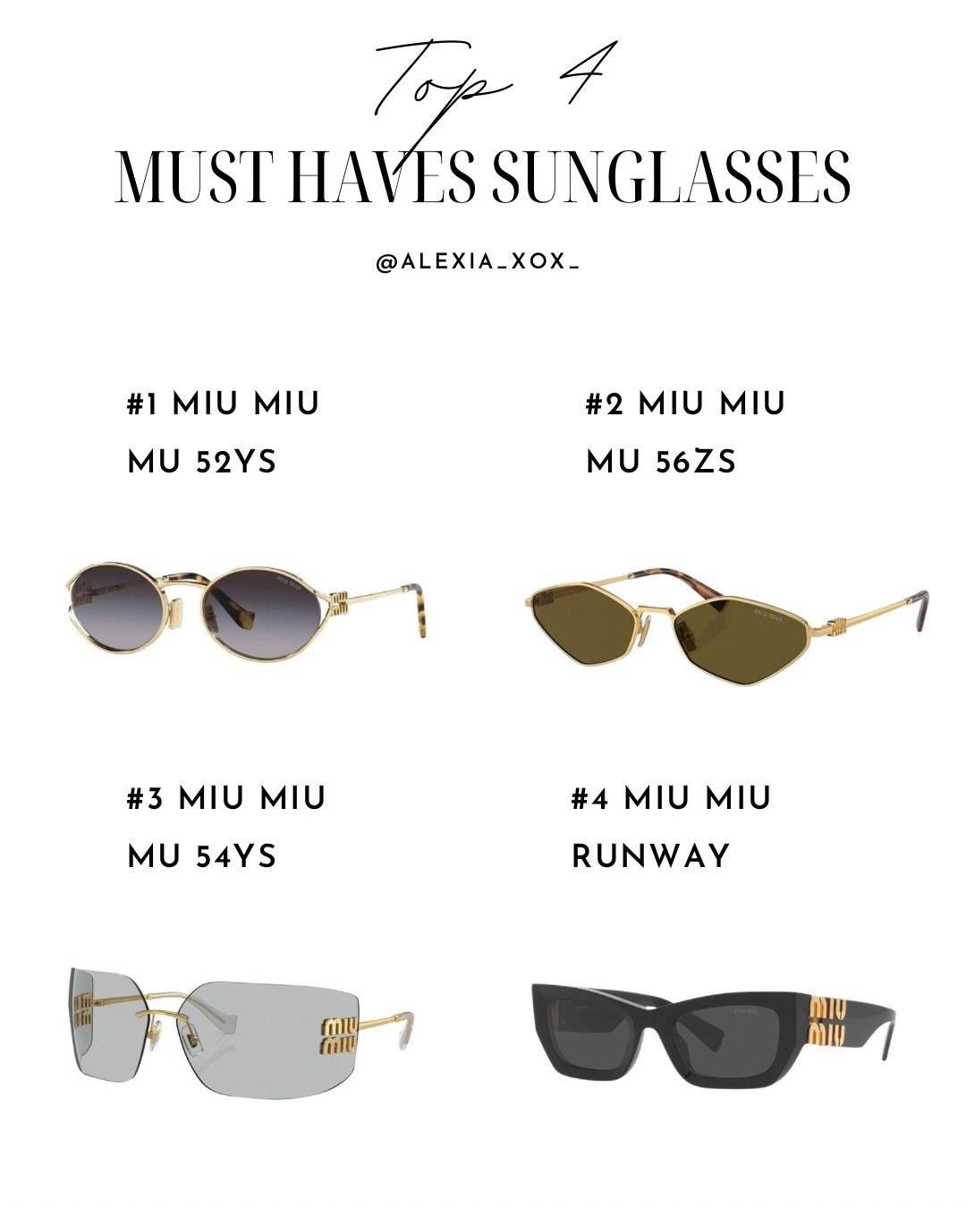 Top 4 must-have sunglasses right now 🖤

Elevating every outfit with these timeless Miu Miu pieces

Shop all styles via my LTK — link in bio ✨

#LTKstyletip #LTKaustralia #LTKgiftguide