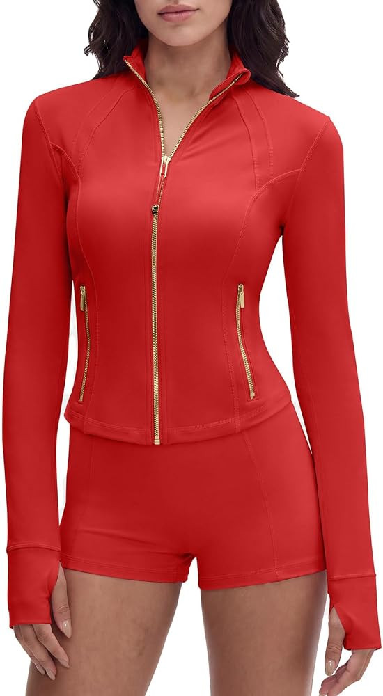 SUUKSESS Women Golden Zipper Lightweight Cropped Jackets with Thumb Holes | Amazon (US)