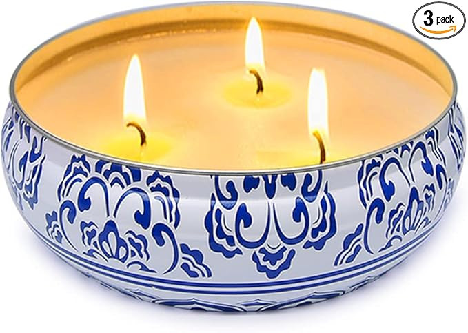 Citronella Candles Outdoor, Large 3 Wicks Soy Wax Candles in Blue and White Tin with Lid, 75 Hour... | Amazon (US)