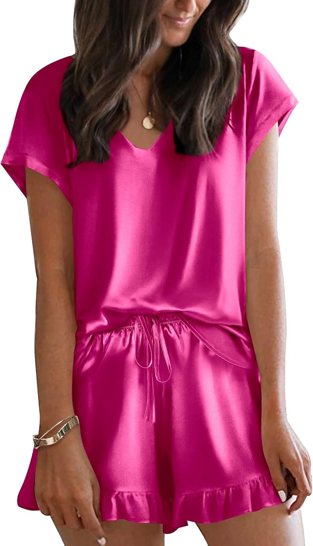 Ekouaer Silk Pajamas for Women Short Sleeve Satin Sleepwear Two Piece Pj Sets with Ruffled Shorts... | Amazon (US)