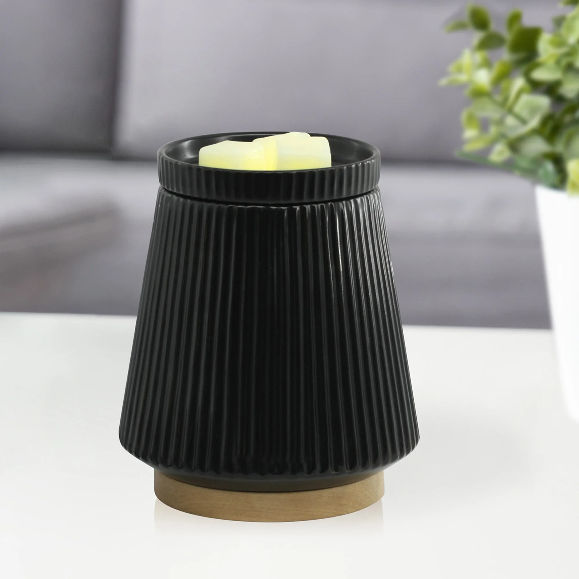 Better Homes & Gardens Electric Black Ribbed Ceramic Wax Warmer with Wood Base, Single Pack | Walmart (US)