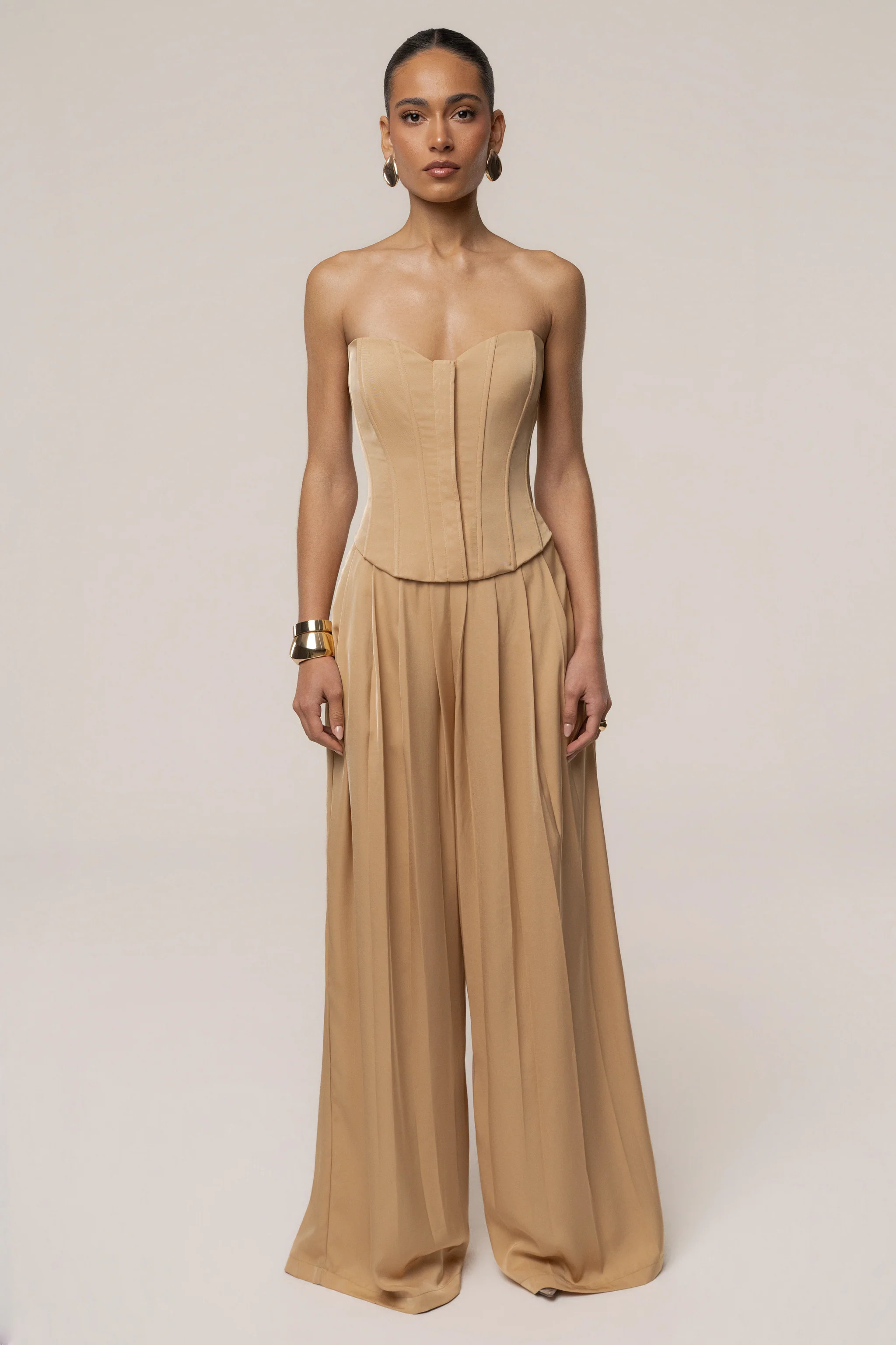 Beige Clara Wide Leg Pleated Trousers | JLUXLABEL US