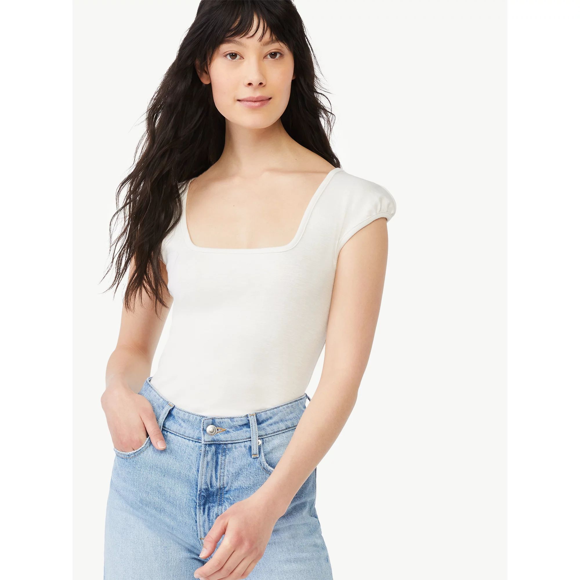 Free Assembly Women's Square Neck Bodysuit with Cap Sleeves | Walmart (US)