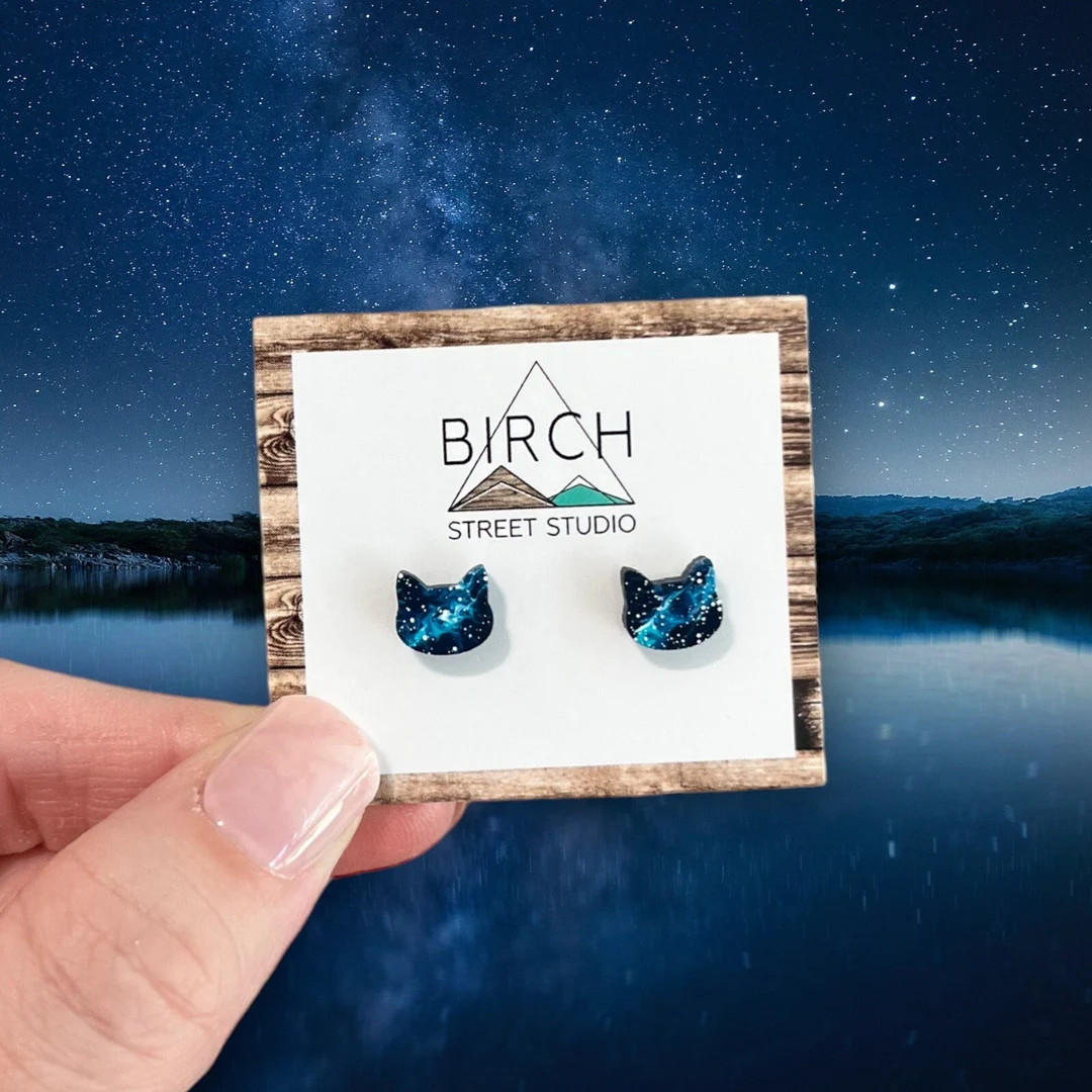 Cat Earrings, Galaxy Cat Earrings, Cat Stud Earrings, Celestial Cat Jewelry, Space Cat, Cat Lover... | Etsy (US)