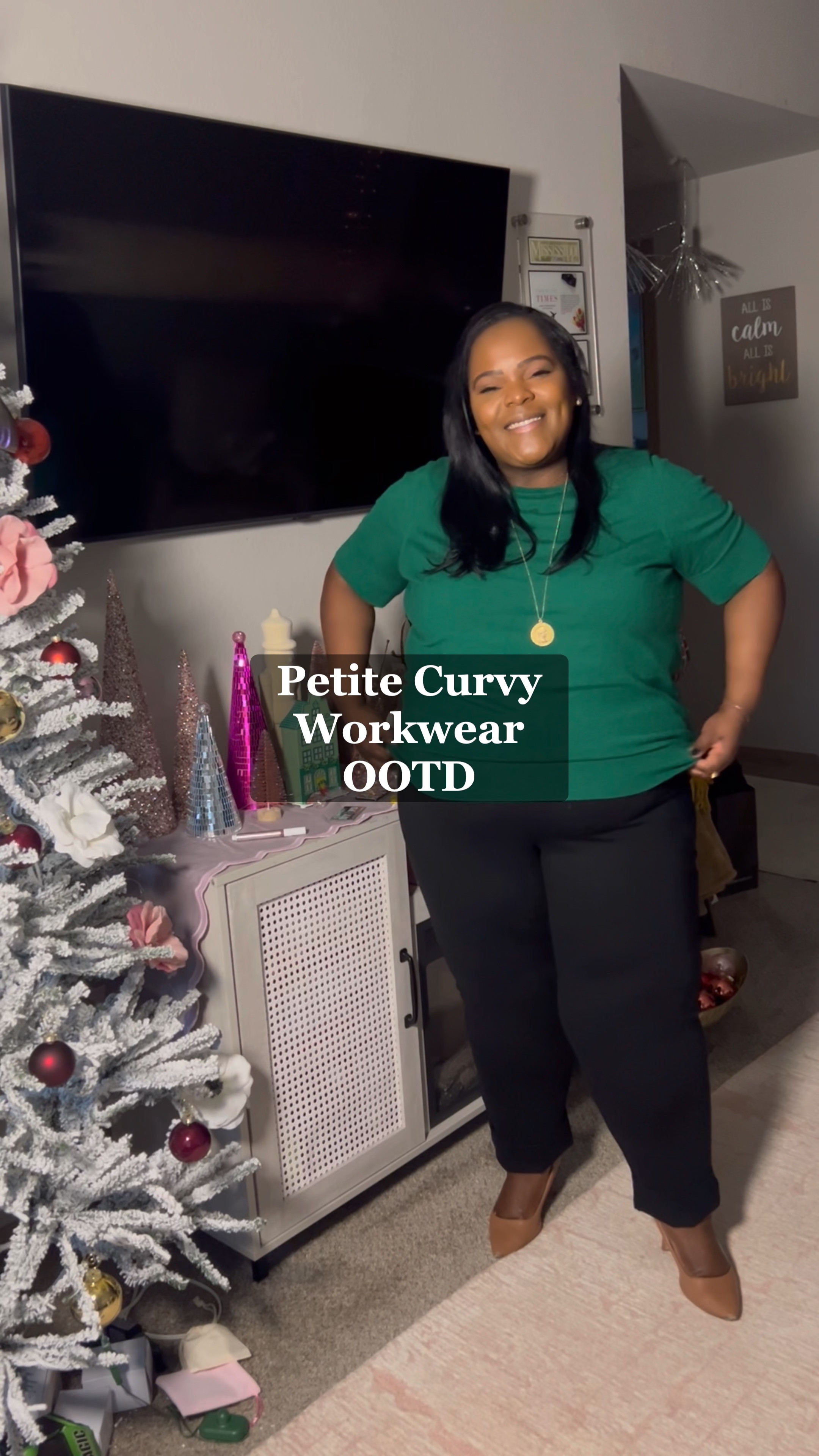 Petite plus size workwear ootd - loving this fine knit green sweater and ponte signature fit pants from Universal Standard. Wearing the size M which is equivalent to 18-20. Use code: INFS-AMBNICOLE to save 10%! This is a great Holiday look to wear to work. 🎄✨

#LTKWorkwear #LTKWatchNow #LTKHoliday