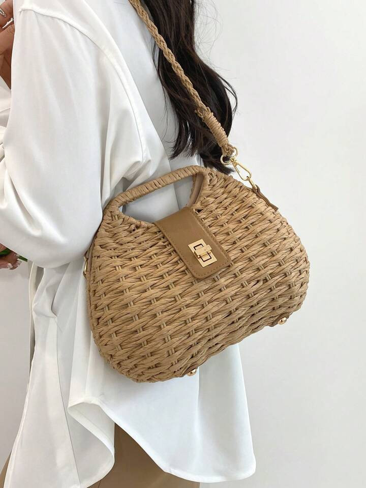 Medium Straw Bag Minimalist Turn Lock For Vacation, Summer Straw Beach Bag For Women, Vacation Es... | SHEIN