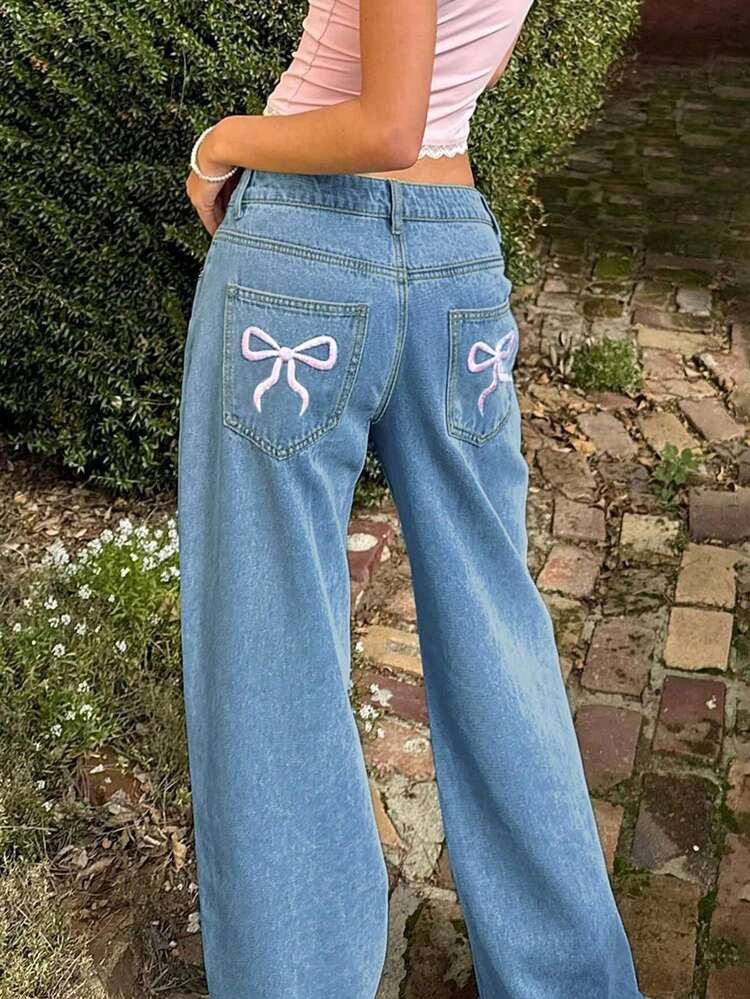 Cross-Border Fashion Fall Y2K Women's Casual Millennial Style Denim Solid-Color Design Bow Embroidery Straight-Leg Jeans | SHEIN