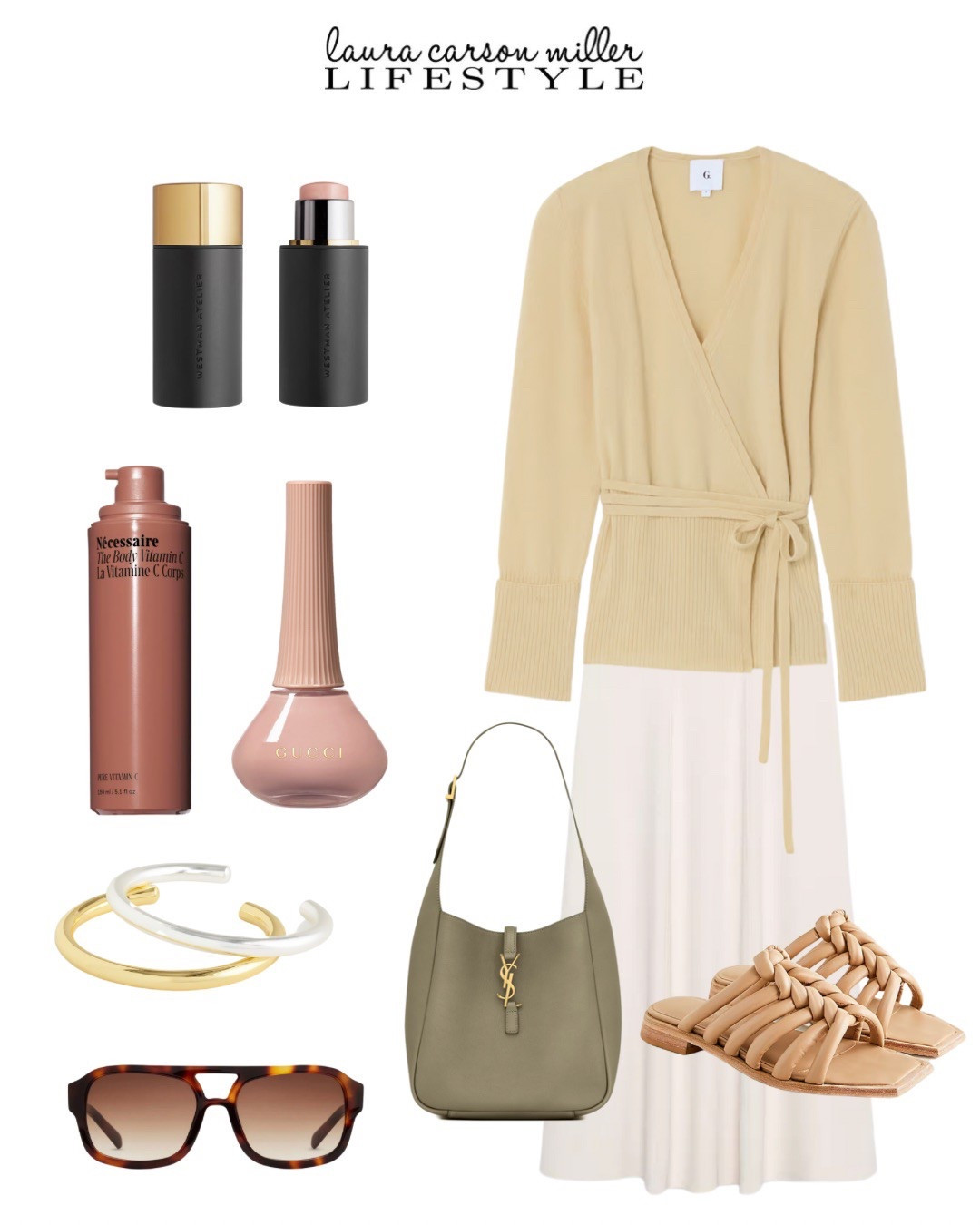 Pair a simple cream skirt with a buttery wrap top, add interesting slides and a supple leather bag in the most beautifully unexpected sage green  - add gold and silver bracelets, shades, pinky nude cheeks & nails and your healthy glowing skin! You are ready to take on the day. And the evening, without changing a thing. 
Laura carson miller, pinky nude makeup, statement bag, slides, lifestyle guide, outfit ideas, office outfit, Easter, date night, office style, spring, spring beauty, spring style tips

#LTKItBag #LTKStyleTip #LTKWorkwear