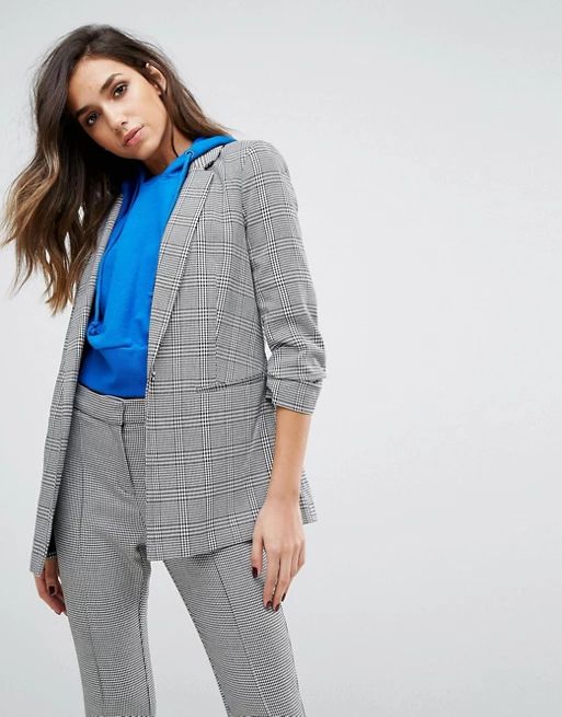 Miss Selfridge Checked Ruched Sleeve Blazer | ASOS US